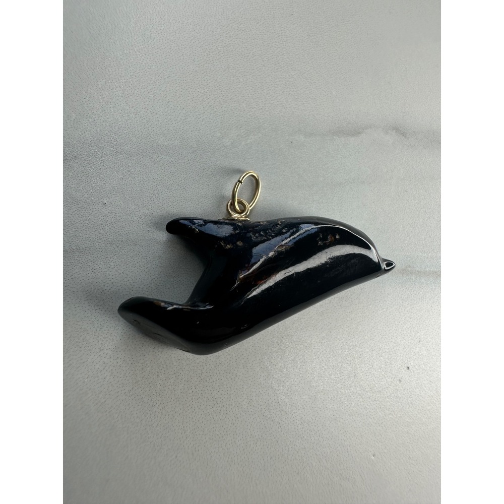 Vintage 14K Hand Carved Black Coral Dolphin Pendant Nautical Marine Life Charm
